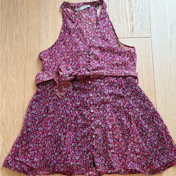 ZARA Floral Tie Waist Mini Dress Pink Multicolor Romantic - Picture 6 of 10